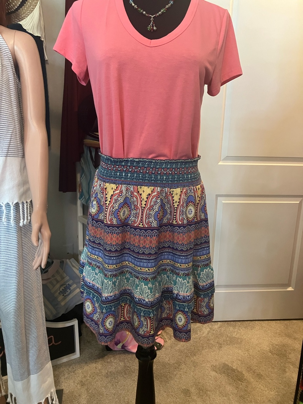 C&C California Blue Multi-Print Smocked Waist Circle Skirt